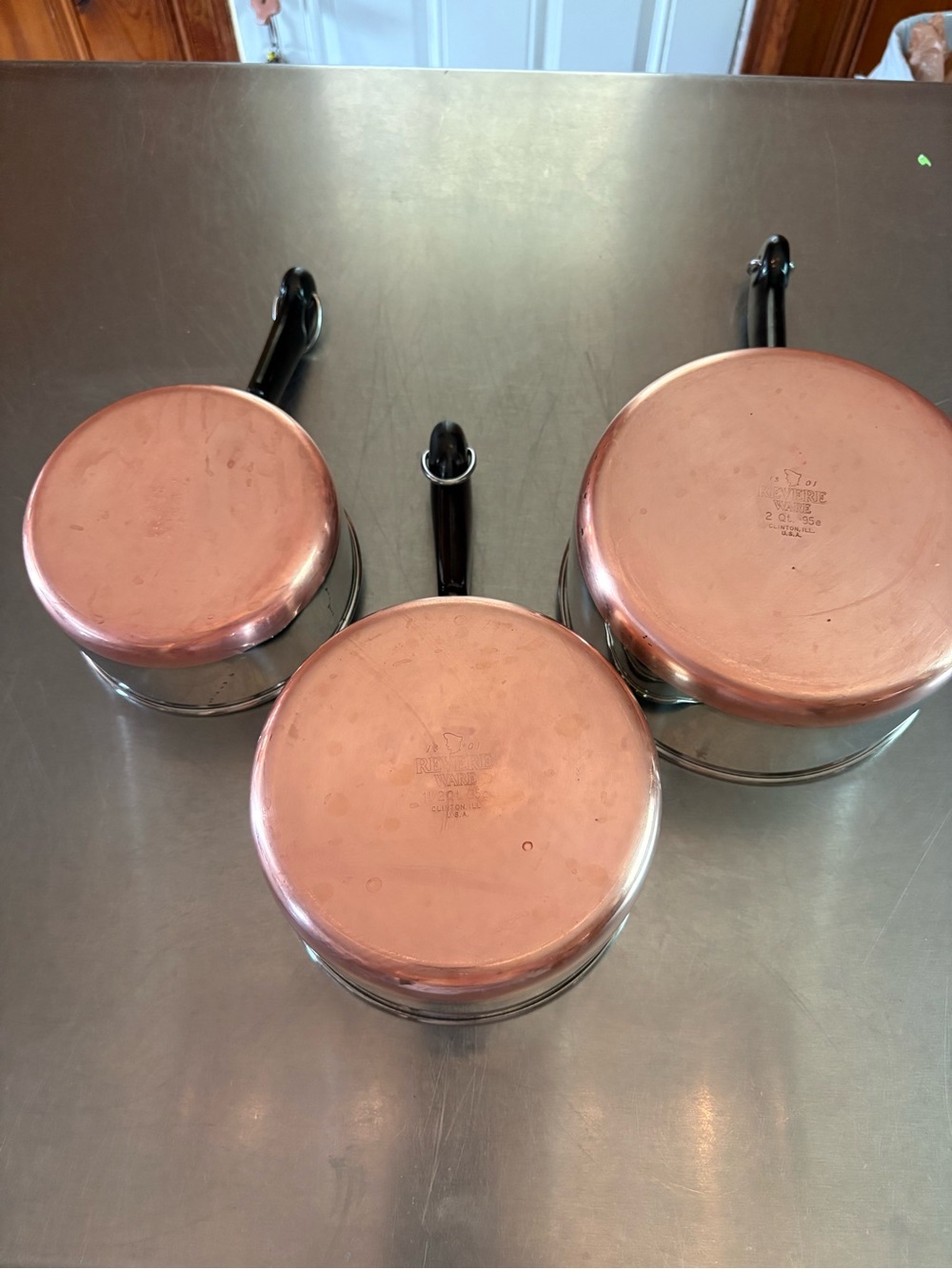 Vtg. Revere Ware Copper Bottom Pans 2qt, 1.5qt, 1qt. Pre owned
